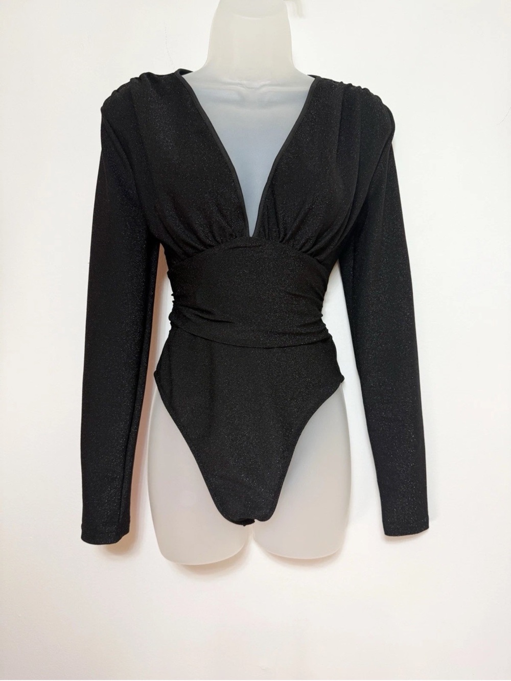New Sz Small ❤️ Fashion Nova Women Bodysuit Black Silver Shine Long Sleeves